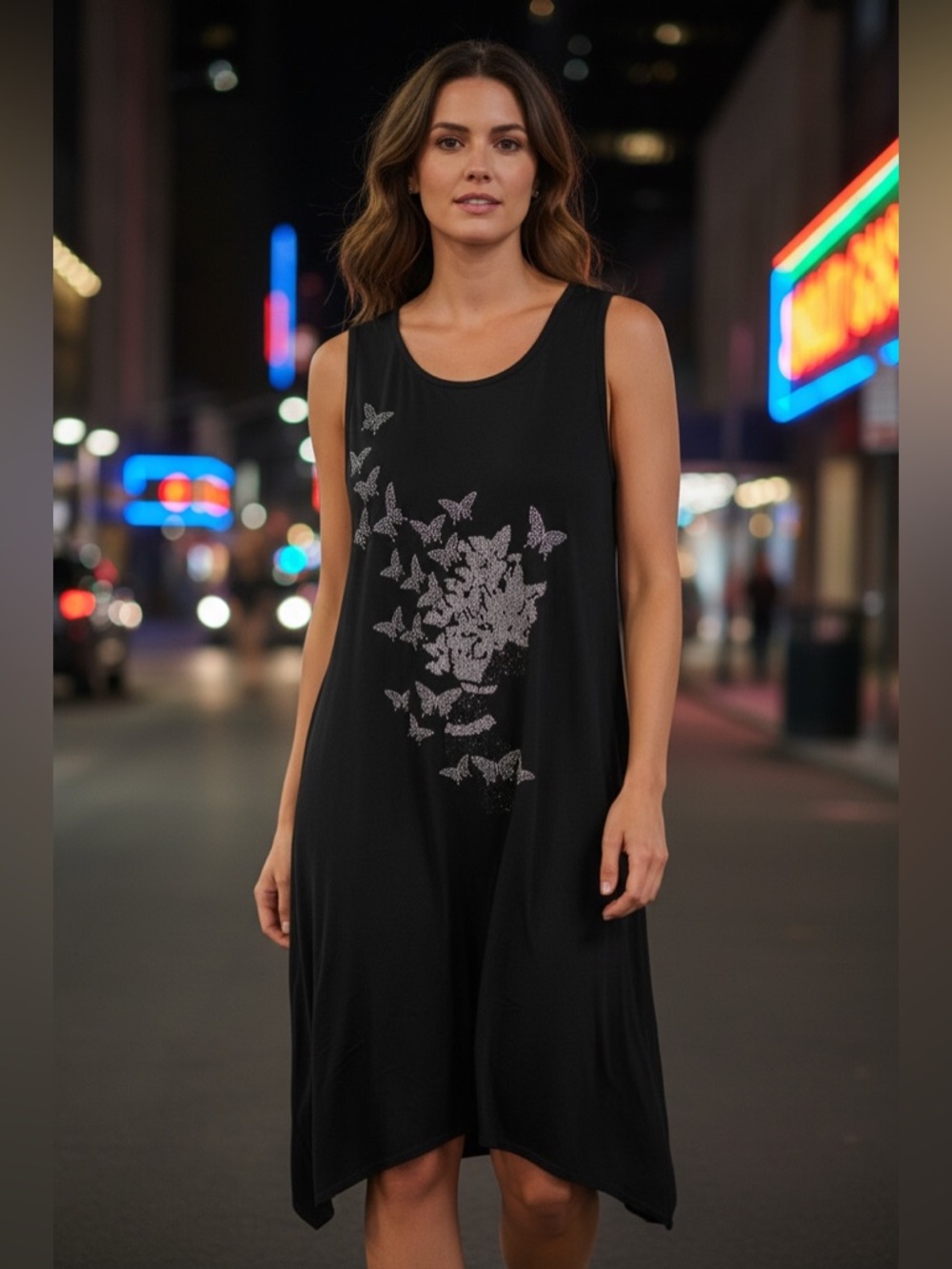 Shiny Black Dress with Silver Butterfly Bling Design-NWT